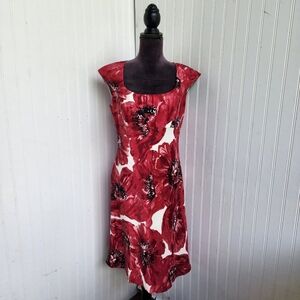 Ann Taylor 100% Silk Womens Dark Red Poppy Floral Dress Midi Bodycon Cap Sleev 6
